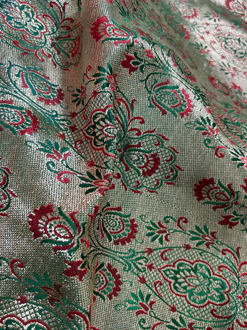 Bright Red Color and Bottle Green Traditional Banarasi Satin Silk Saree with Floral Jaal Pattern and Meenakari - Kaash