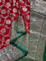 Bright Red Color and Bottle Green Traditional Banarasi Satin Silk Saree with Floral Jaal Pattern and Meenakari - Kaash