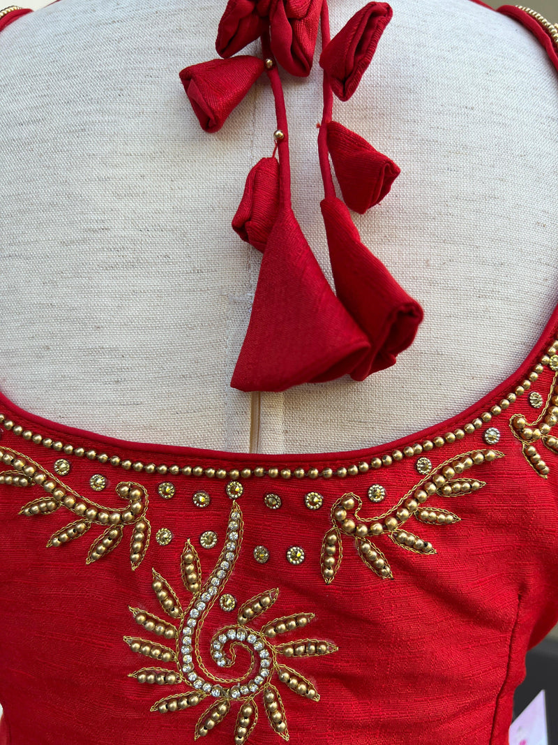 Bright Red Color Raw Silk Ready to Wear Blouse | Handwork Blouses | Padded Blouse | Size - 36 | Readymade Saree Blouses | Red Color Blouse - Kaash