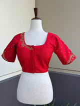 Bright Red Color Raw Silk Ready to Wear Blouse | Handwork Blouses | Padded Blouse | Size - 36 | Readymade Saree Blouses | Red Color Blouse - Kaash