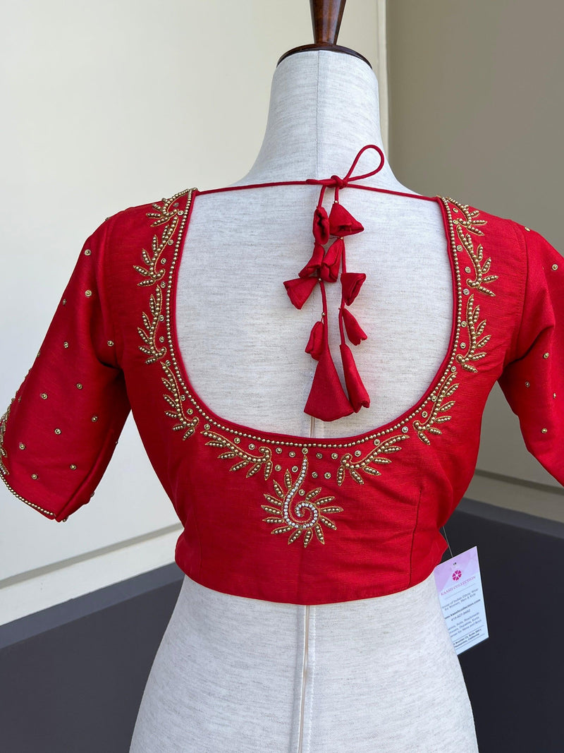 Bright Red Color Raw Silk Ready to Wear Blouse | Handwork Blouses | Padded Blouse | Size - 36 | Readymade Saree Blouses | Red Color Blouse - Kaash