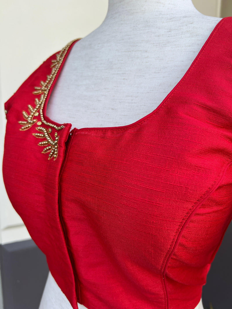 Bright Red Color Raw Silk Ready to Wear Blouse | Handwork Blouses | Padded Blouse | Size - 36 | Readymade Saree Blouses | Red Color Blouse - Kaash