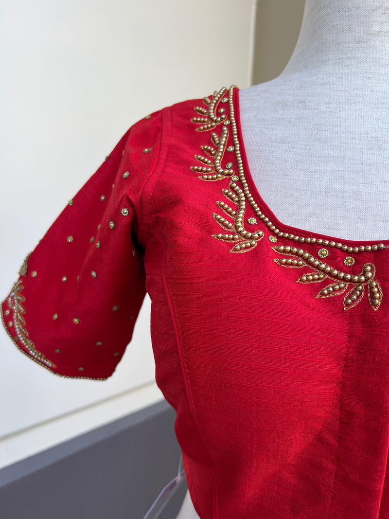 Bright Red Color Raw Silk Ready to Wear Blouse | Handwork Blouses | Padded Blouse | Size - 36 | Readymade Saree Blouses | Red Color Blouse - Kaash
