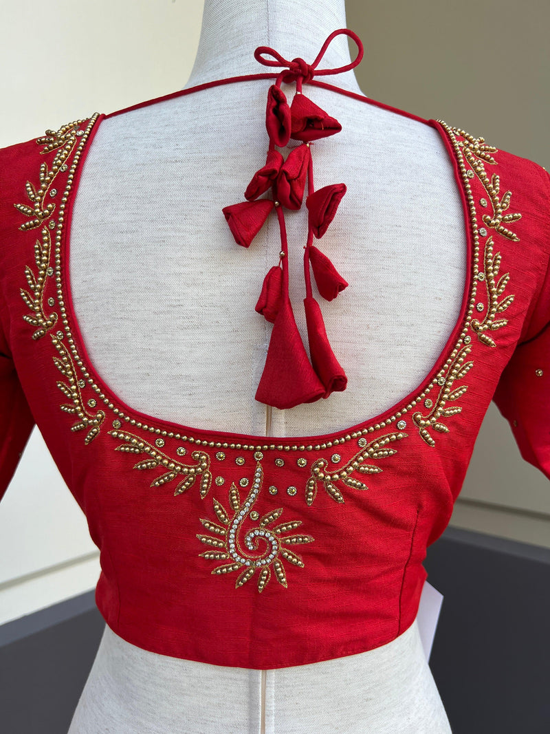 Bright Red Color Raw Silk Ready to Wear Blouse | Handwork Blouses | Padded Blouse | Size - 36 | Readymade Saree Blouses | Red Color Blouse - Kaash