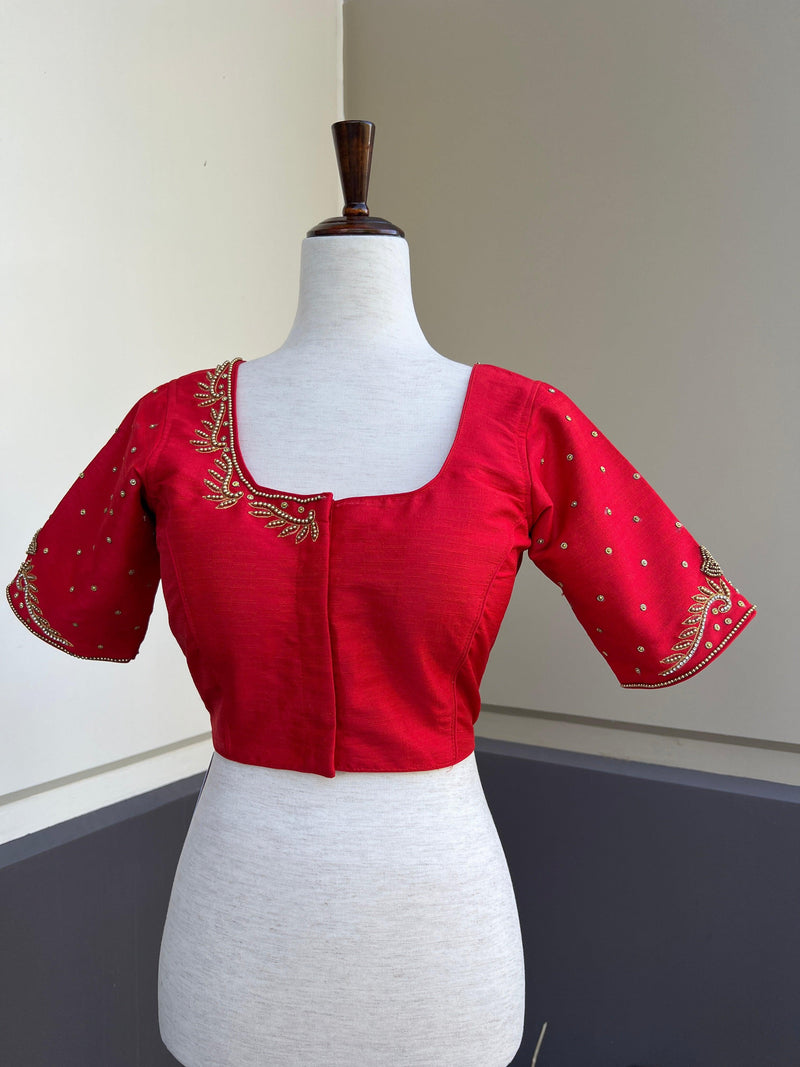 Bright Red Color Raw Silk Ready to Wear Blouse | Handwork Blouses | Padded Blouse | Size - 36 | Readymade Saree Blouses | Red Color Blouse - Kaash