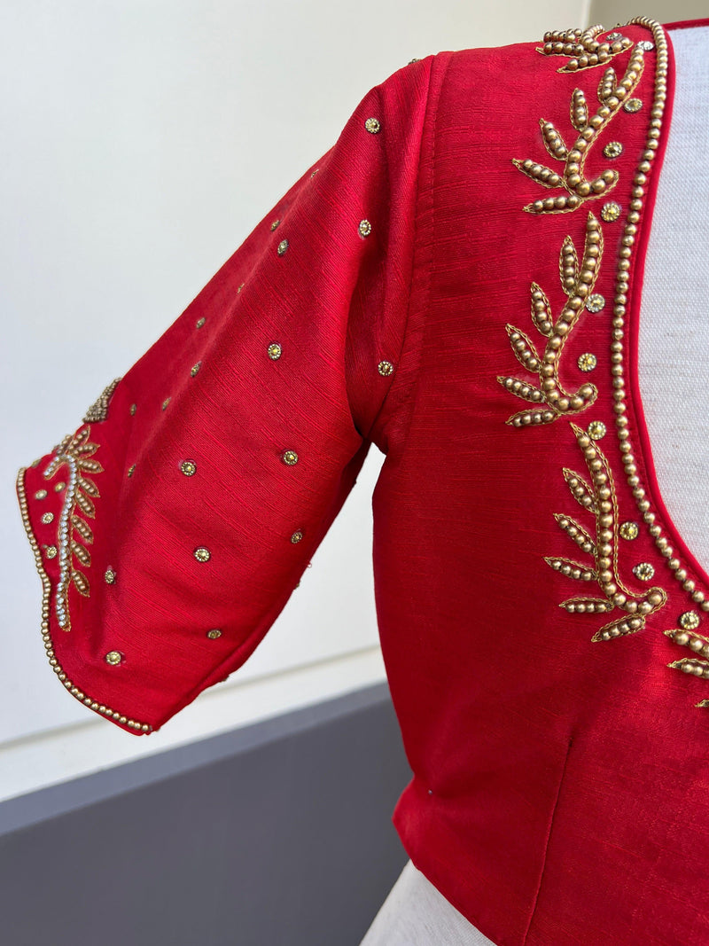 Bright Red Color Raw Silk Ready to Wear Blouse | Handwork Blouses | Padded Blouse | Size - 36 | Readymade Saree Blouses | Red Color Blouse - Kaash