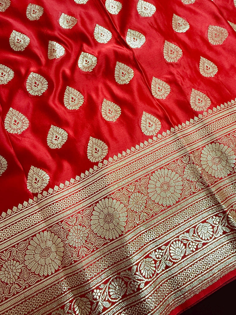 Bright Red Color Traditional Pure Banarasi Satin Silk Saree in Gold Zari Weave | Wedding Saree | Bridal Saree - Kaash