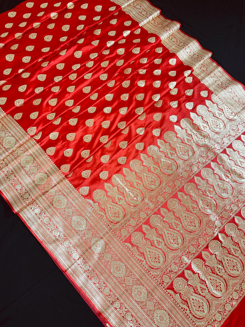 Bright Red Color Traditional Pure Banarasi Satin Silk Saree in Gold Zari Weave | Wedding Saree | Bridal Saree - Kaash