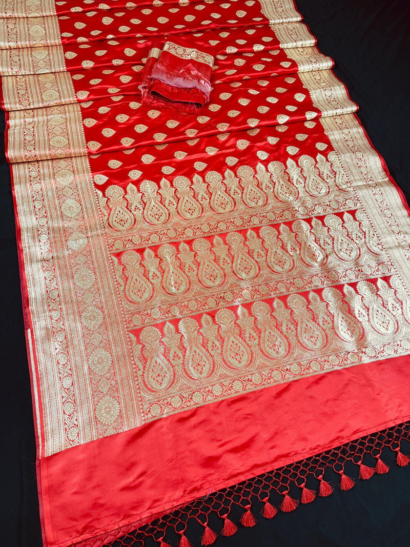 Bright Red Color Traditional Pure Banarasi Satin Silk Saree in Gold Zari Weave | Wedding Saree | Bridal Saree - Kaash