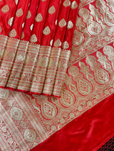 Bright Red Color Traditional Pure Banarasi Satin Silk Saree in Gold Zari Weave | Wedding Saree | Bridal Saree - Kaash