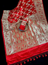 Bright Red Traditional Banarasi Satin Silk Saree with Gold Zari Jaal Weave - Kaash