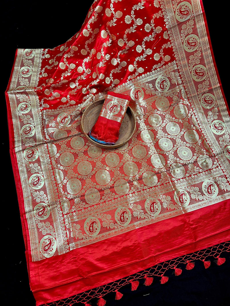 Bright Red Traditional Banarasi Satin Silk Saree with Gold Zari Jaal Weave - Kaash