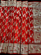 Bright Red Traditional Banarasi Satin Silk Saree with Gold Zari Jaal Weave - Kaash