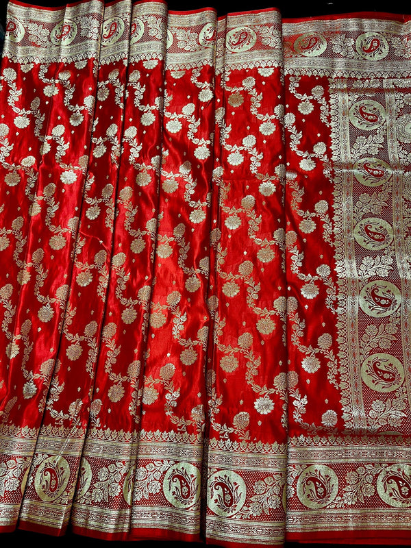 Bright Red Traditional Banarasi Satin Silk Saree with Gold Zari Jaal Weave - Kaash