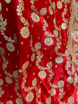 Bright Red Traditional Banarasi Satin Silk Saree with Gold Zari Jaal Weave - Kaash