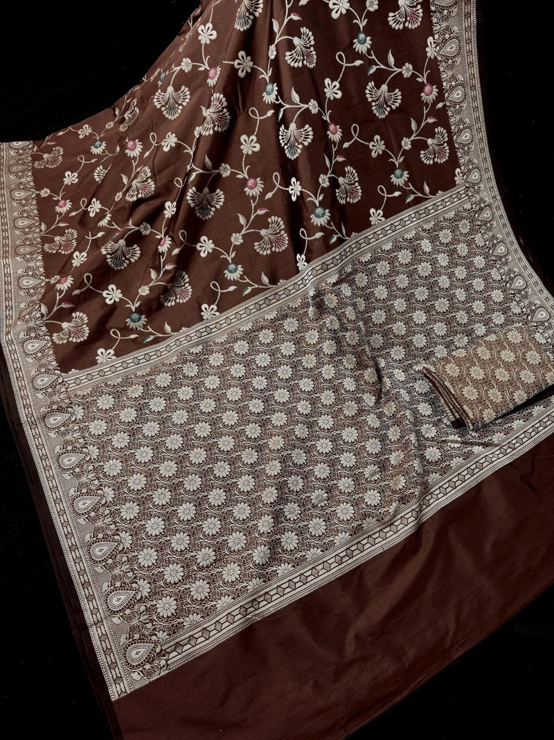 Brown Banarasi saree in banarasi handloom semi soft silk with resham zari with meenakari floral jaal — Kaash Collection