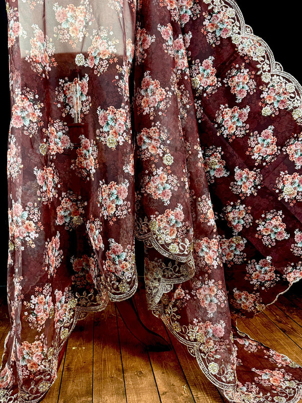 Brown Color Soft Organza Dupatta with Embroidery, Sequin and Zari with Floral Digital Prints - Kaash