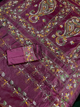 Burgundy Color Bangalori Silk Saree with Hand Kantha Stitch - Handwoven Kantha Stitch Sarees - Kantha Saress - Kaash