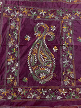 Burgundy Color Bangalori Silk Saree with Hand Kantha Stitch - Handwoven Kantha Stitch Sarees - Kantha Saress - Kaash