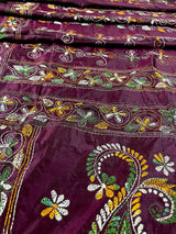 Burgundy Color Bangalori Silk Saree with Hand Kantha Stitch - Handwoven Kantha Stitch Sarees - Kantha Saress - Kaash