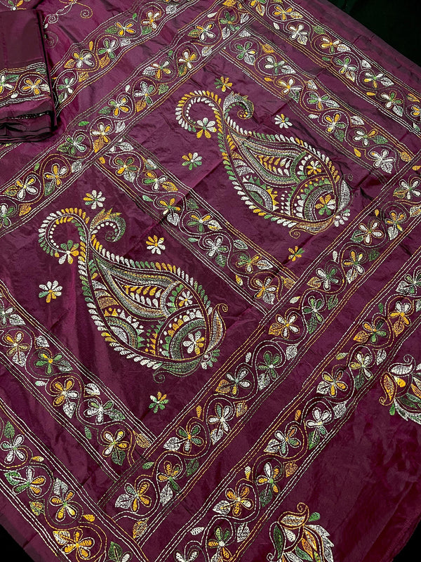 Burgundy Color Bangalori Silk Saree with Hand Kantha Stitch - Handwoven Kantha Stitch Sarees - Kantha Saress - Kaash