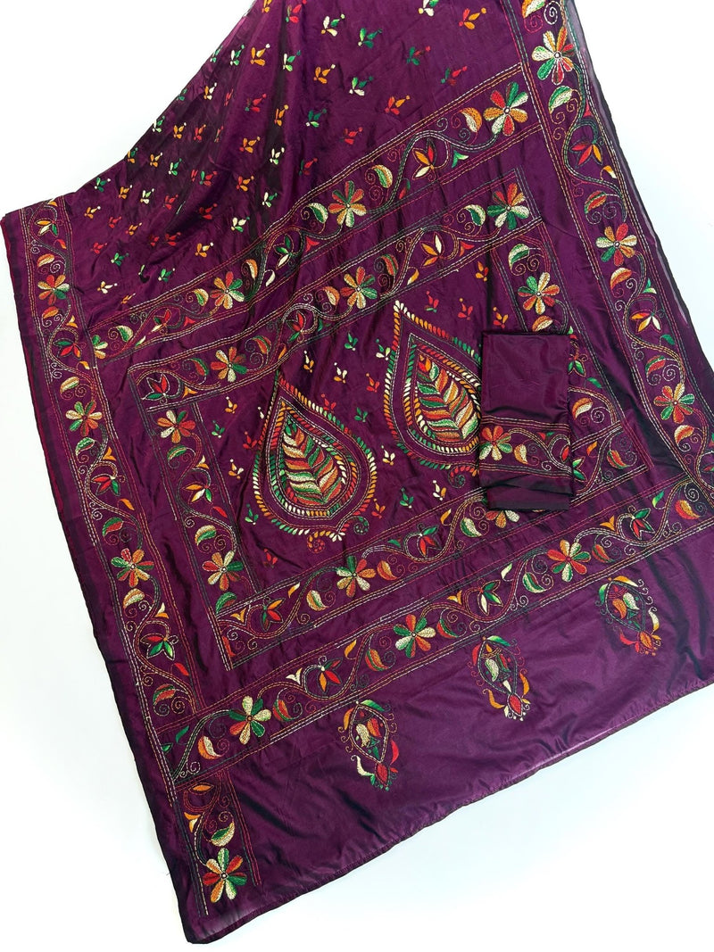 Burgundy Color Kantha Stitch Saree - Kaash