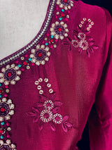 Burgundy readymade salwar kameez for women — pure chinon silk kameez, pant bottom, georgette dupatta — Kaash Collection