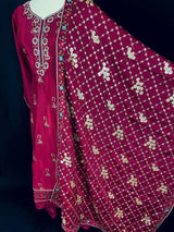 Burgundy readymade salwar kameez for women — pure chinon silk kameez, pant bottom, georgette dupatta — Kaash Collection
