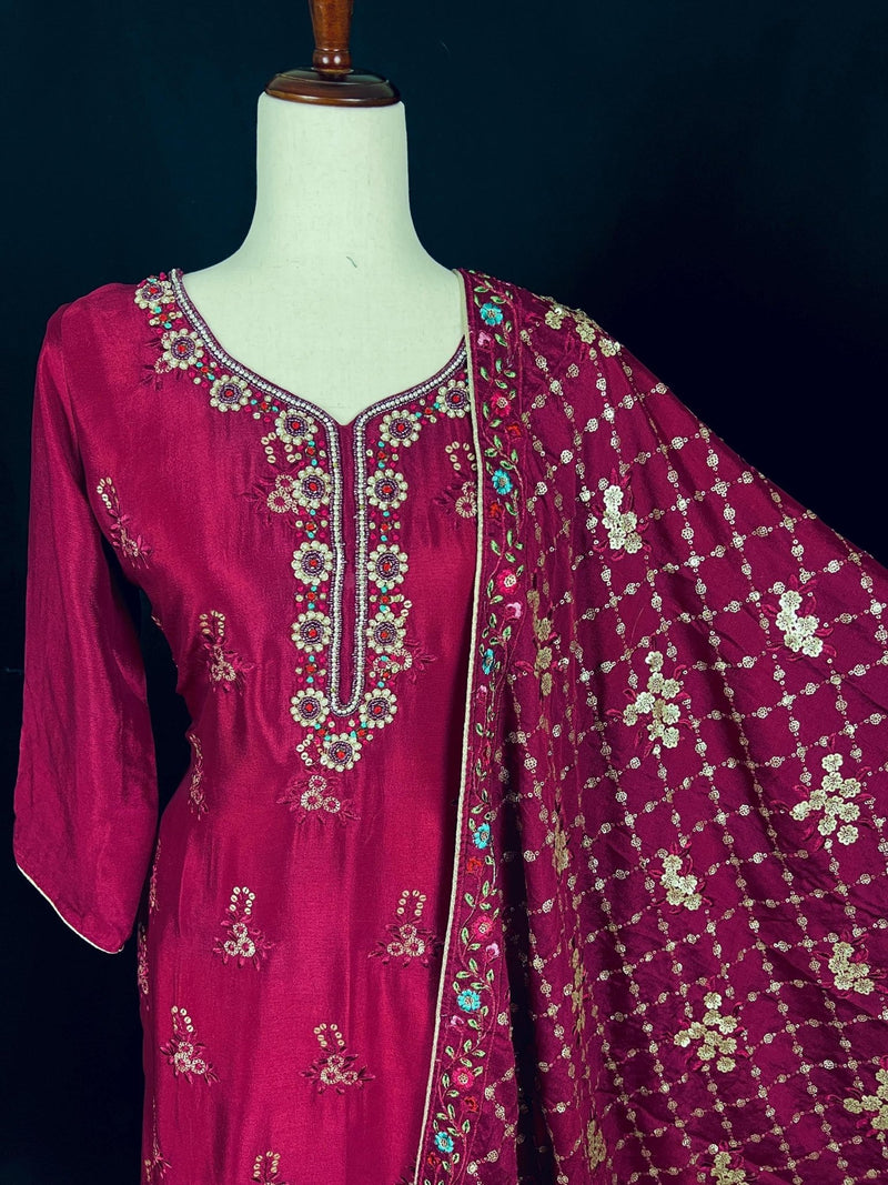 Burgundy readymade salwar kameez for women — pure chinon silk kameez, pant bottom, georgette dupatta — Kaash Collection