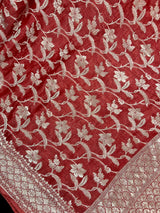 Burnt Red Banarasi saree in pure khaddi georgette tissue with muted gold zari jaal weaving — Kaash Collection