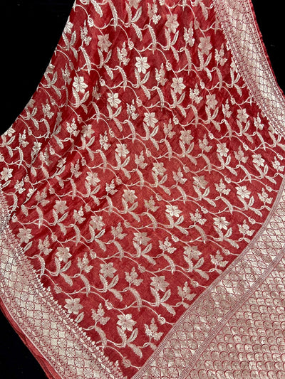 Burnt Red Color Pure Khaddi Georgette Tissue Banarasi Silk Saree with Floral Jaal - Kaash