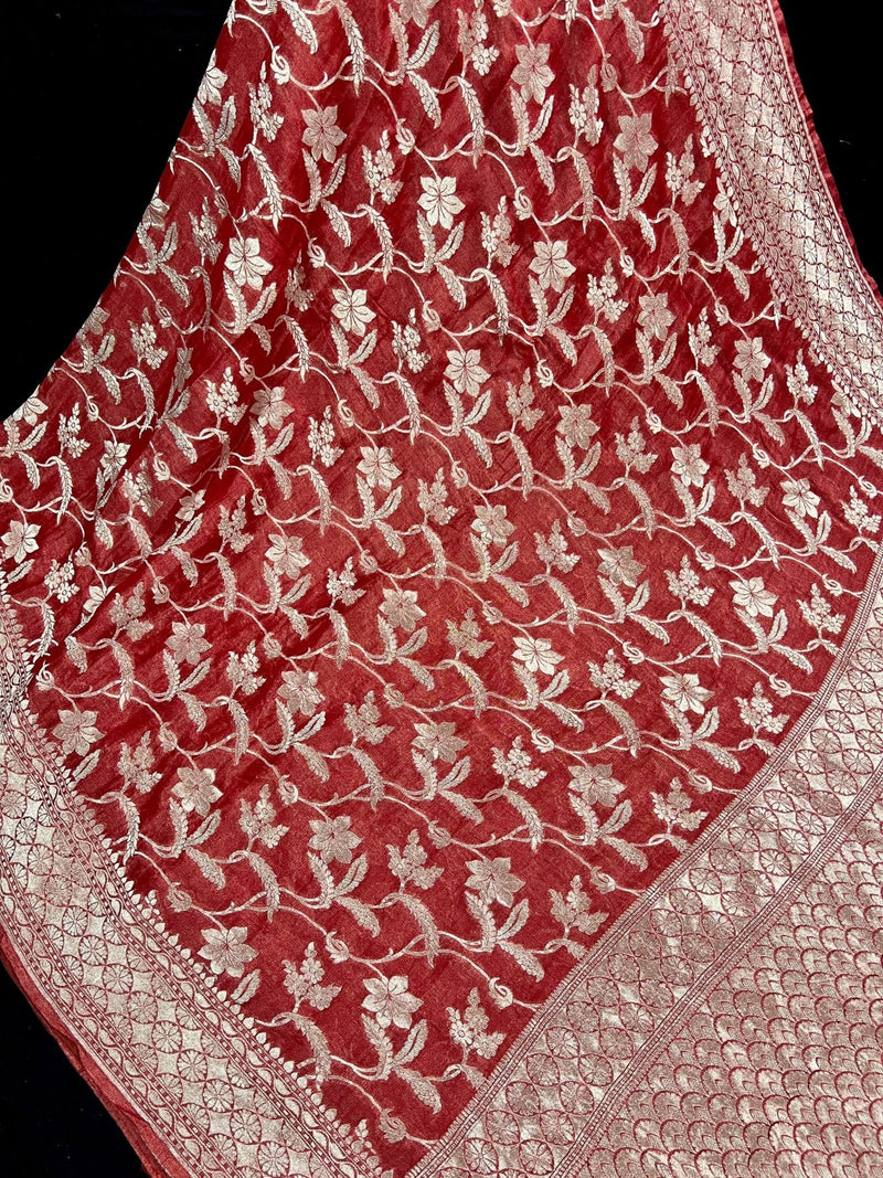 Burnt Red Banarasi saree in pure khaddi georgette tissue with muted gold zari jaal weaving — Kaash Collection