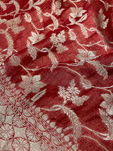Burnt Red Banarasi saree in pure khaddi georgette tissue with muted gold zari jaal weaving — Kaash Collection