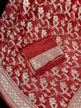 Burnt Red Banarasi saree in pure khaddi georgette tissue with muted gold zari jaal weaving — Kaash Collection