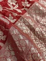 Burnt Red Banarasi saree in pure khaddi georgette tissue with muted gold zari jaal weaving — Kaash Collection