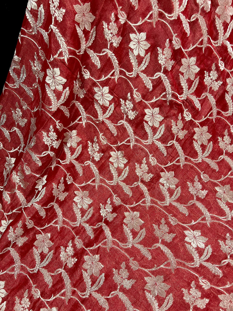 Burnt Red Color Pure Khaddi Georgette Tissue Banarasi Silk Saree with Floral Jaal | SILK MARK CERTIFIED Saree - Kaash