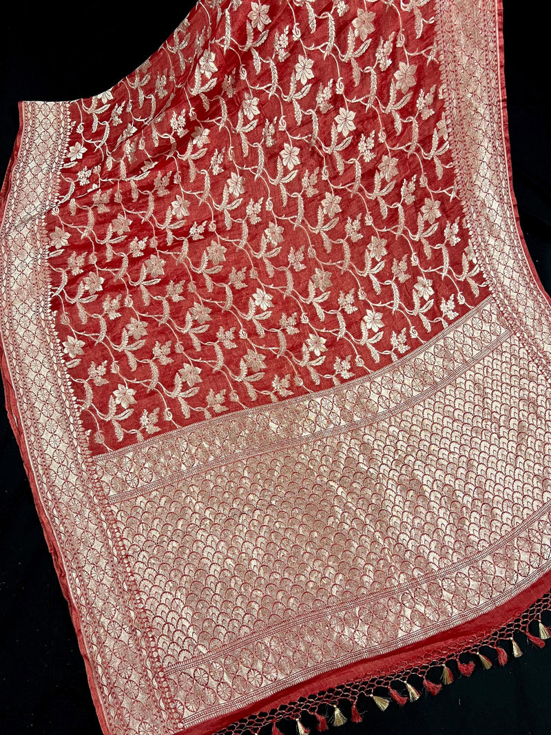 Burnt Red Color Pure Khaddi Georgette Tissue Banarasi Silk Saree with Floral Jaal | SILK MARK CERTIFIED Saree - Kaash