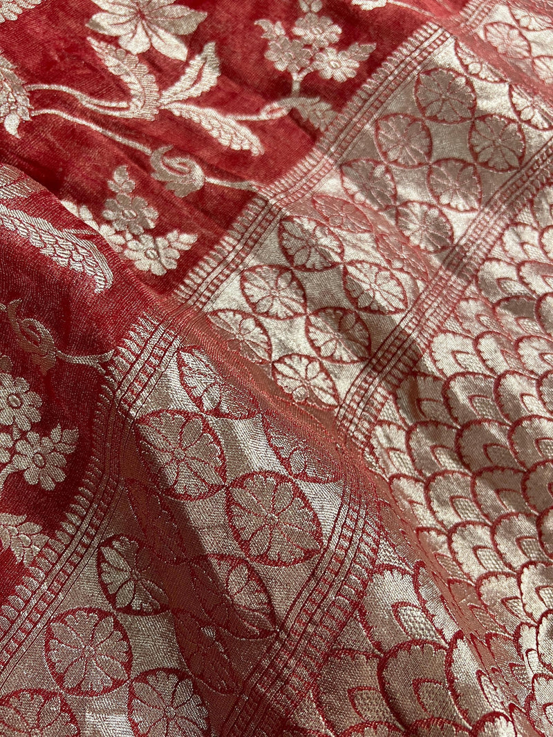 Burnt Red Color Pure Khaddi Georgette Tissue Banarasi Silk Saree with Floral Jaal | SILK MARK CERTIFIED Saree - Kaash