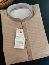 Camel (Chiku) men's kurta pajama in soft silk with weave with zari work — Kaash Collection