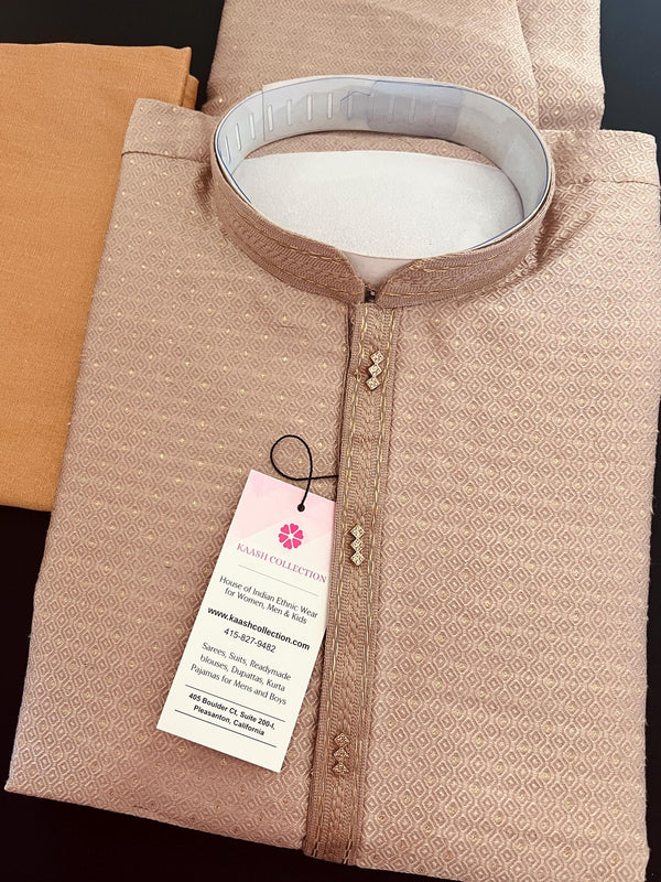 Camel Color Men Kurta Pajama with Weave and Zari Work | Mens Ethnic Wear | Sherwani Style Kurta for Wedding - Kaash
