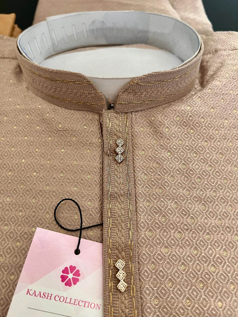 Camel Color Men Kurta Pajama with Weave and Zari Work | Mens Ethnic Wear | Sherwani Style Kurta for Wedding - Kaash