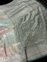 Pastel Soft Aqua with Multi-Color pure khaddi georgette banarasi silk saree with muted gold zari with multi-color weave — Kaash Collection