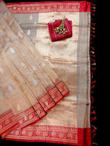 Champagne Gold and Red Color Pure Tissue Banarasi Silk Saree with Kadhua Weave (Silk Mark Certified) - Kaash