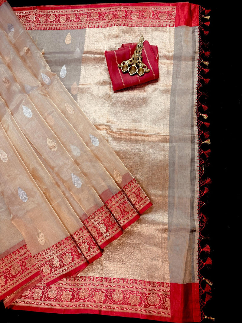Champagne Gold and Red Color Pure Tissue Banarasi Silk Saree with Kadhua Weave (Silk Mark Certified) - Kaash