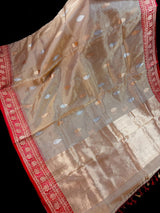 Champagne Gold and Red Color Pure Tissue Banarasi Silk Saree with Kadhua Weave (Silk Mark Certified) - Kaash