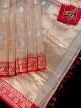 Champagne Gold and Red Color Pure Tissue Banarasi Silk Saree with Kadhua Weave (Silk Mark Certified) - Kaash