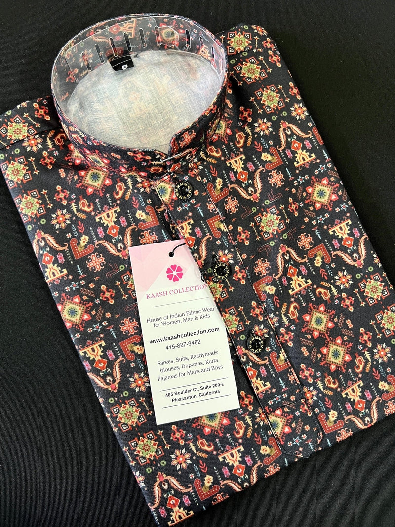 Charcoal Black Digital Printed Kurta Color Premium Soft Silk Kurta Pajama Set - Kaash