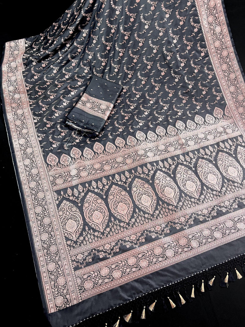 Charocal Grey Color Soft Mashru Silk handloom Saree with Copper Zari Weave with Banarasi Border and Pallu - Banarasi Mashru Silk Saree - Kaash