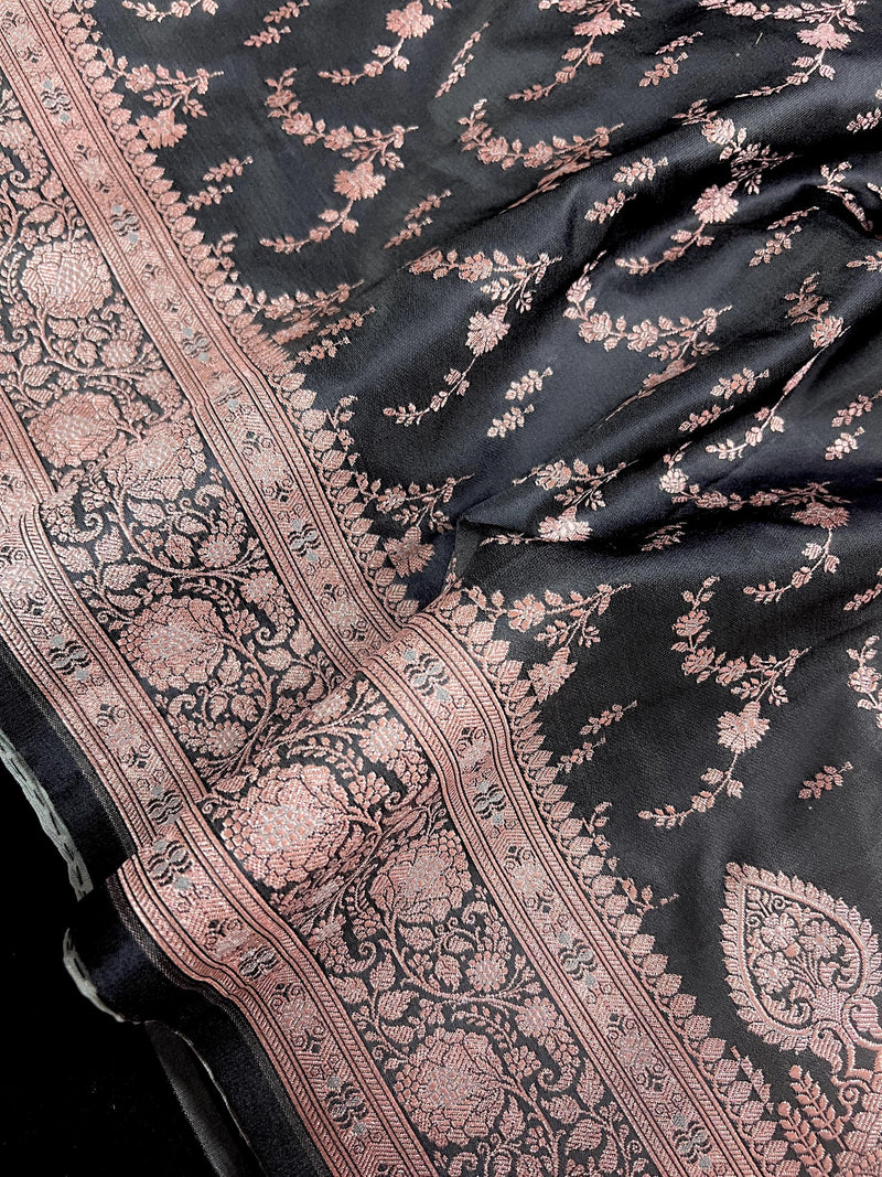 Charocal Grey Color Soft Mashru Silk handloom Saree with Copper Zari Weave with Banarasi Border and Pallu - Banarasi Mashru Silk Saree - Kaash