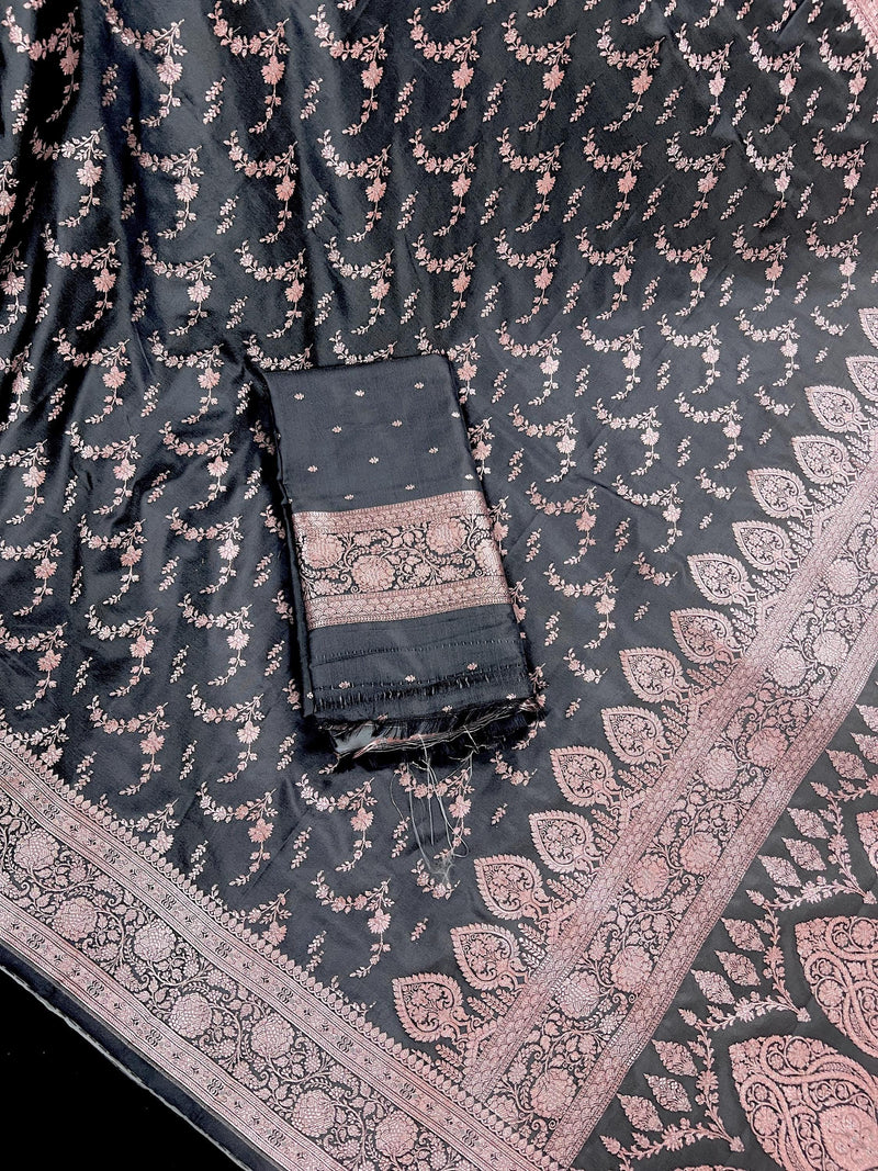 Charocal Grey Color Soft Mashru Silk handloom Saree with Copper Zari Weave with Banarasi Border and Pallu - Banarasi Mashru Silk Saree - Kaash
